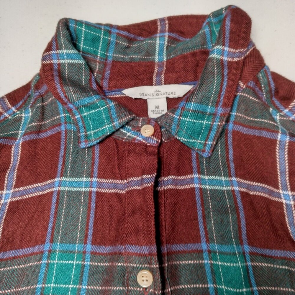 LL Bean Signature Flannel Shirt Women Medium Rayon Maroon Blue Plaid Long Sleeve - Picture 5 of 9